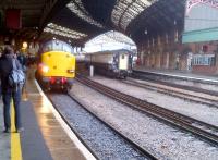 Not something you see every Sunday morning: a brace of 37's (609 and 218 IIRC) bringing the Pathfinder Railtours 'Hullaba-Looe' into Temple Meads. Notice the Great Britain coaches in the through road.<br><br>[Ken Strachan 10/02/2013]