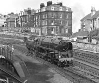 92220 <I>Evening Star</I> is about to set back at Falsgrave box onto the stock of 'The Scarborough Flyer' for Newcastle in July 1976. The 9F took the train as far as York, where it handed over to a class 40 diesel. Steam took over once again at Stockton in the form of the Stephenson valve gear Black 5, LMS No. 4767, for the run along the Durham coast.<br><br>[Bill Jamieson 04/07/1976]