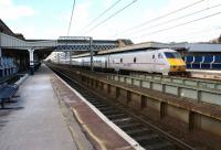 With DVT 82217 leading, a sparkling clean 'East Coast' Mk IV set runs into Wakefield Westgate on 12 March 2013 with a Leeds to Kings Cross service. <br><br>[John McIntyre 12/03/2013]