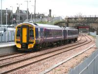 Unit 158730 about to leave the platform line at Alloa on a route familiarisation trip to Stirling on 24 April 2008, the month before the line reopened to passenger services. The train is about to pass below the bridge that once took the original Alloa Wagonway over the S&D route.<br><br>[John Furnevel 24/04/2008]