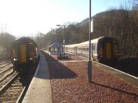 156493 heading the 08.21 ex Glasgow Queen Street stands at Ardlui on 19 February as 156458 runs in on the rear of the 09.52 southbound working.<br><br>[David Pesterfield 19/02/2013]