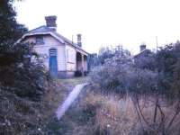 The old Felixstowe Dock and Railway Co platform and buildings at Westerfield in September 1985. The station operated from May 1877 to September 1879, when traffic was taken over by the Eastern Counties station off picture to the left. [See image 20702]<br><br>[Ian Dinmore /09/1985]