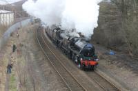 The <I>Tin Bath</I> is approaching its watering stop at Brighouse station in March 2013 but the regulators are still open on Ian Riley's Black 5s, 44871 and 45407. This circular tour from Manchester Victoria involved a number of challenging climbs around Lancashire and Yorkshire with lots of <I>chimney music</I> for those on board to enjoy.<br><br>[Mark Bartlett 18/03/2013]