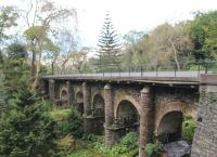 The main surviving structure of the long closed Madeiran rack railway is this viaduct in Monte, straddling the public park. The steepness of the gradient can be seen but in fact this was one of the easier sections of the line which finally ceased operations in 1943. <br><br>[Mark Bartlett 20/03/2013]
