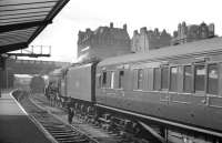 <I>Waiting for 'The Waverley'</I>. Canal shed's A3 no 60095 'Flamingo' stands on the centre road at Carlisle on 9 July 1960. The Pacific is awaiting the arrival of the down <I>Waverley</I> from St Pancras, which it will take over for the final section of its journey to Edinburgh. [See image 27531]<br><br>[K A Gray 09/07/1960]