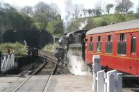 Standard class 4MT 2-6-0 no 76079 leaves Grosmont and heads south towards the tunnel with a morning train for Pickering in April 2009.<br><br>[John Furnevel 20/04/2009]