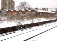 The remains of the old carriage shed at Duddeston, looking north west from the station in March 2013. The central roof section is no more - rumoured to have collapsed spontaneously after closure.  <br><br>[Ken Strachan 24/03/2013]