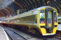 158781 at York in 1990 in Regional Railways colours. It was later in use with TransPennine Express, before transferring to South West Trains as part of an exchange for Class 170 Turbostar's and is running as 158887<br><br>[Graham Morgan //1990]