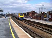 An East Midlands class 222 heading for St Pancras passes through Market Harborough non-stop on 5 April.<br><br>[Ken Strachan 05/04/2013]