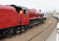 45699 <I>Galatea</I> rolling slowly through the platform line  Carnforth on 8 April at the start of its first mainline test run to Hellifield [see image 42647]. <br><br>[Mark Bartlett 08/04/2013]