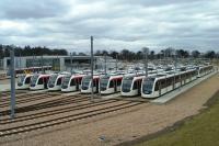 View over the Gogar Tram Depot, Edinburgh, on 8 April 2013. The tram on the far left was being tested at the time.<br><br>[Colin Harkins 08/04/2013]