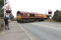 66105 reversing a train of wagons over West Bradford Road into the Castle Cement works near Clitheroe in April 2013.<br><br>[Mark Bartlett 05/04/2013]