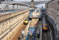 View east from Waverley Bridge over the former suburban platforms on 9 April 2013, with work on the new platform canopies well advanced.<br><br>[Bill Roberton 09/04/2013]