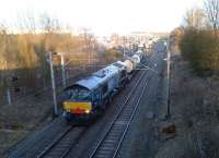 I went looking for the terminal shunter, 37194; which I had previously seen on the North side of the A5 [see image 42686], but on this occasion found it feeling rather shy, and burying its nose in the vegetation. So I just had to settle for a picture of 66305 heading North with containers. [see image 43151 for a similar train, much further North]<br><br>[Ken Strachan 03/04/2013]