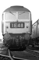 A Class 47 on shed at Ferryhill between turns in 1974. To the right is a Class 120 Swindon Cross Country DMU.<br><br>[John McIntyre //1974]