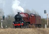 On 16 April 2013 Jubilee no 45699 <I>Galatea</I> completed a test run with a 4 coach load. The train is seen on the sweeping curve between Lostock Hall and the WCML at Farington Curve Junction as it heads back towards Carnforth.<br><br>[John McIntyre 16/04/2013]