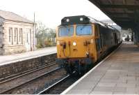 50007 <I>Sir Edward Elgar</I> with an up TPO at St Erth in May 1984. The class 50 had received its new nameplates a week earlier (having previously carried the name <I>Hercules</I>).<br><br>[Colin Alexander 01/05/1984]