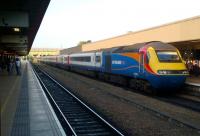 An up HST calls at Leicester on 15 September 2012. Locomotives are rarely stabled at Leicester these days [see image 35939], but there are often tantalising glimpses of freight traffic stopped in the loops North of the station (on the left in this view).<br><br>[Ken Strachan 15/09/2012]