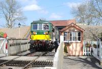 BR Class 73, E6003 <I>Sir Herbert Walker</I>, departing southbound from Blunsdon on the Swindon and Cricklade Railway on 20 April 2013. The train is heading for Taw Valley Halt with the token about to be collected.<br><br>[Peter Todd 20/04/2013]