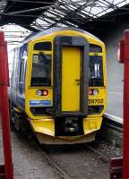 158702 <I>BBC Scotland 75 years</I> brings up the rear of the 19.58 to Elgin, at Inverness on 20 April.<br><br>[Bill Roberton 20/04/2013]