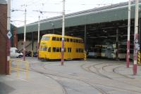 Balloon Car 701, seen here outside Rigby Rd depot, was fitted with a snow plough over winter 2012/13. It was used on clearing duties on a couple of wintry days in January but later reverted to standard guards. What looks like engineering department paintwork was actually the base of a previous advertising livery but very appropriate for a tram not in passenger service. It was later reliveried and now forms part of the heritage fleet [See image 51396] <br><br>[Mark Bartlett 24/04/2013]