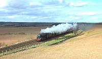 The <I>Great Britain VI</I> hauled by Black Fives 44871 and 45407 gets to grips with the 1 in 90 gradient between Whitemoss level crossing and Auchterarder on the afternoon of Saturday 27 April. <br><br>[John Robin 27/04/2013]