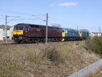 WCRC 47237 hauls 26038 and 20020 west of Saughton, en route from Grosmont NYMR to Bo'ness on 30 April.<br><br>[Bill Roberton 30/04/2013]