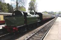 After many years of inactivity, the NYMR's Lambton 0-6-2 tank no 29 is seen banking a long diesel hauled service train out of Grosmont and up the bank to Goathland, presumably running-in, on 30th April 2013. Overnight its lining, lettering and numbering would be applied before duty on the May 1st 40 year Anniversary train.<br><br>[Brian Taylor 30/04/2013]