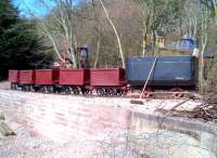 A rake of wagons at Coleford on the Perrygrove Railway in March 2013. The broom leaning on the wagon on the right shows us how small these wagons are. It's the biggest of the six - and the broom isn't exactly vertical. Try that on an HAA.<br><br>[Ken Strachan 31/03/2013]