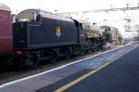 Ian Riley's Black 5s, 45407 and 44871, prepare to leave Preston's platform 6 for Edinburgh on 23 April with the Day 4 leg of the <I>Great Britain VI</I> railtour. At least one of these two locos was involved in all but one day of the 9 day tour and on many days both were involved as a result of the unavailabilty of other locomotives. <br><br>[John McIntyre 23/04/2013]