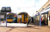 Trains for Norwich and Ipswich await their departure times at Lowestoft in 2004. [See image 43255]<br><br>[Ian Dinmore //2004]