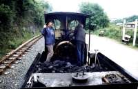 Kate and Nigel Bowman on the footplate at Newmills, on the Launceston Steam Railway, in 1986. [See image 40403]<br><br>[Ian Dinmore //1986]