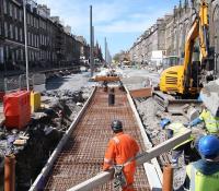 Looking west along York Place on 17 May 2013 from what will become the Edinburgh Trams eastern terminus. St Paul's and St George's Church is on the right.<br><br>[John Furnevel 17/05/2013]