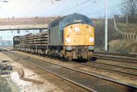 40055 heads a train of track panels along the Up Slow line approaching Leyland station on a sunny day in January 1981. There was a variety of traffic and motive power on the WCML at this time - [See image 20495] taken that same morning. <br><br>[Mark Bartlett 19/01/1981]