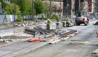 The tram stop under construction in Shandwick Place on 17 May, complete with crossover. Photographed looking north east towards Princes Street. [See image 41476]   <br><br>[John Furnevel 17/05/2013]