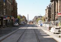 A definite touch of the <I>Ghost Town</I> about this view from the west end of Princes Street along Shandwick Place at noon on Friday 17 May 2013. Easy to imagine a ball of tumbleweed blowing along the tracks from the Haymarket direction.  <br><br>[John Furnevel 17/05/2013]