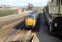 A class 31 arrives at March station in the spring of 1990 hauling a Norwich to Birmingham New Street train.<br><br>[Ian Dinmore //1990]