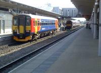 Fortunately the 14.42 to Crewe (the class 153) is about to leave Derby in the opposite direction from the 14.36 to Cardiff on 15 September 2012.<br><br>[Ken Strachan 15/09/2012]