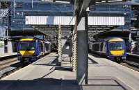 Turbostars at platforms 2 and 3 underneath the new construction at Haymarket Station on 4 June 2013.<br><br>[Bill Roberton 04/06/2013]