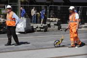 An 0-1-0 monorail unit being propelled west along Shandwick Place on 4 June 2013.<br><br>[Bill Roberton 04/06/2013]