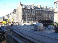 Going round the bend - finishing off the Edinburgh tram formation as it turns towards the terminus in York Place from North St Andrew Street in June 2013.<br><br>[David Pesterfield 04/06/2013]