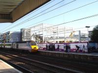 43295 passes the framework for the new Wakefield Westgate station on 4 June as it arrives at the head of the 06.55 ex-Skipton East Coast service for Kings Cross.<br><br>[David Pesterfield 04/06/2013]