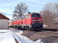 Closely following train IC2084 out of Oberstdorf [see image 42894] is IC2012, the 09.44 to Hannover Hbf. This will have been worked by the leading loco, No. 218 494, as far Immenstadt, where 218 481 has attached to the rear of the train while 218 494 was running round. The pair are seen immediately north of Martinszell on their way to Stuttgart Hbf where they will give way to electric traction for the onward journey to Hannover.<br><br>[Bill Jamieson 08/03/2013]