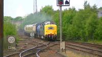 Juniper EMU 334003 arrives at Kilmarnock for refurbishment at Brodie Rail Works on 17 June behind D9000 <I>Royal Scots Grey</I>. <br><br>[Ken Browne 17/06/2013]