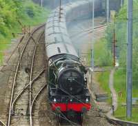 Out on a test run around the Carnforth/Hellifield loop on 5 June 2013 , 46115 <I>Scots Guardsman</I> is about to join the WCML at Farington Curve Junction as it heads north towards Preston.<br><br>[John McIntyre 05/06/2013]