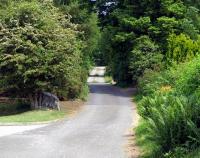 Looking along 'Quarry Road', Kippford, on the River Urr near Dalbeattie. It is the line of a tramway which ran from the quarry to a stone-built pier. It was a balanced rope incline with the empties being pulled up by the weight of the loaded tubs. <br><br>[Colin Miller //2013]