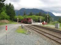 Canadian Pacific 8500 on the rear of a 120 wagon, coal empties train climbing through the Rockies at Haig in May 2013. As is common North American practice the train had four locomotives with two on the front, one in the middle and this engine at the back but on a <I>Distributed Power</I> basis with all controlled from the front cab. Distributed power saves fuel and reduces rail and flange wear. It is an engineering feat, not least because the front of the train can be on the down grade when the other locomotives are still lifting cars towards the summit. <br><br>[Malcolm Chattwood 24/05/2013]