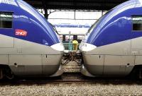 <I>We can't go on meeting like this... </I> Angouleme station on 14 June featuring the front ends of DMUs 81728 and 81844.<br><br>[Peter Todd 14/06/2013]