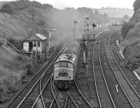 The 11:45 Cardiff to Newcastle passing Goose Hill Junction signal box hauled by Peak 45001 (originally D13) on a sultry summer's afternoon in July 1975.<br><br>[Bill Jamieson 18/07/1975]
