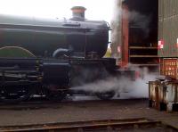 <i>'Firing retro rockets Captain'</i>: After a tiring day showing off by the turntable [see image 43592], Nunney Castle crawls into the new shed at Tyseley at less than 5 mph.<br><br>[Ken Strachan 23/06/2013]